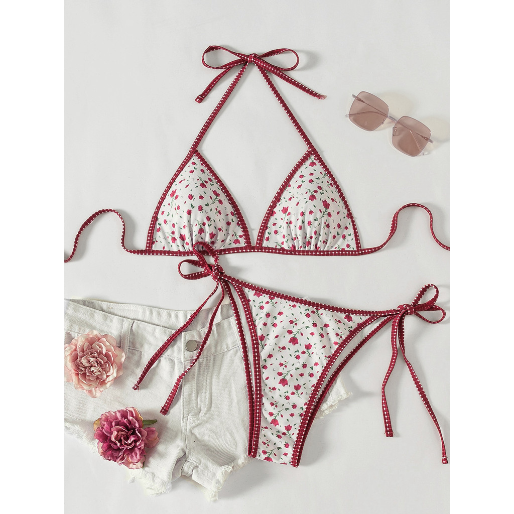 Biquíni feminino com estampa floral, laço e design sensual, conjunto de duas peças.