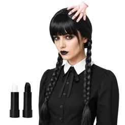 Kit Fantasia Wandinha 4 Peças Festa Halloween Cosplay: Peruca Trançada + Presilha Mãozinha + 2 Batons