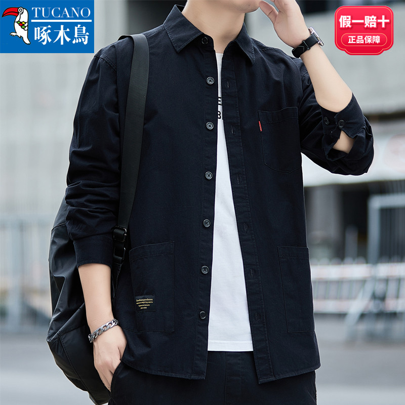 Woodpecker roupas masculinas de algodão puro camisa masculina de manga comprida Casual topo masculino Workwear camisa ja