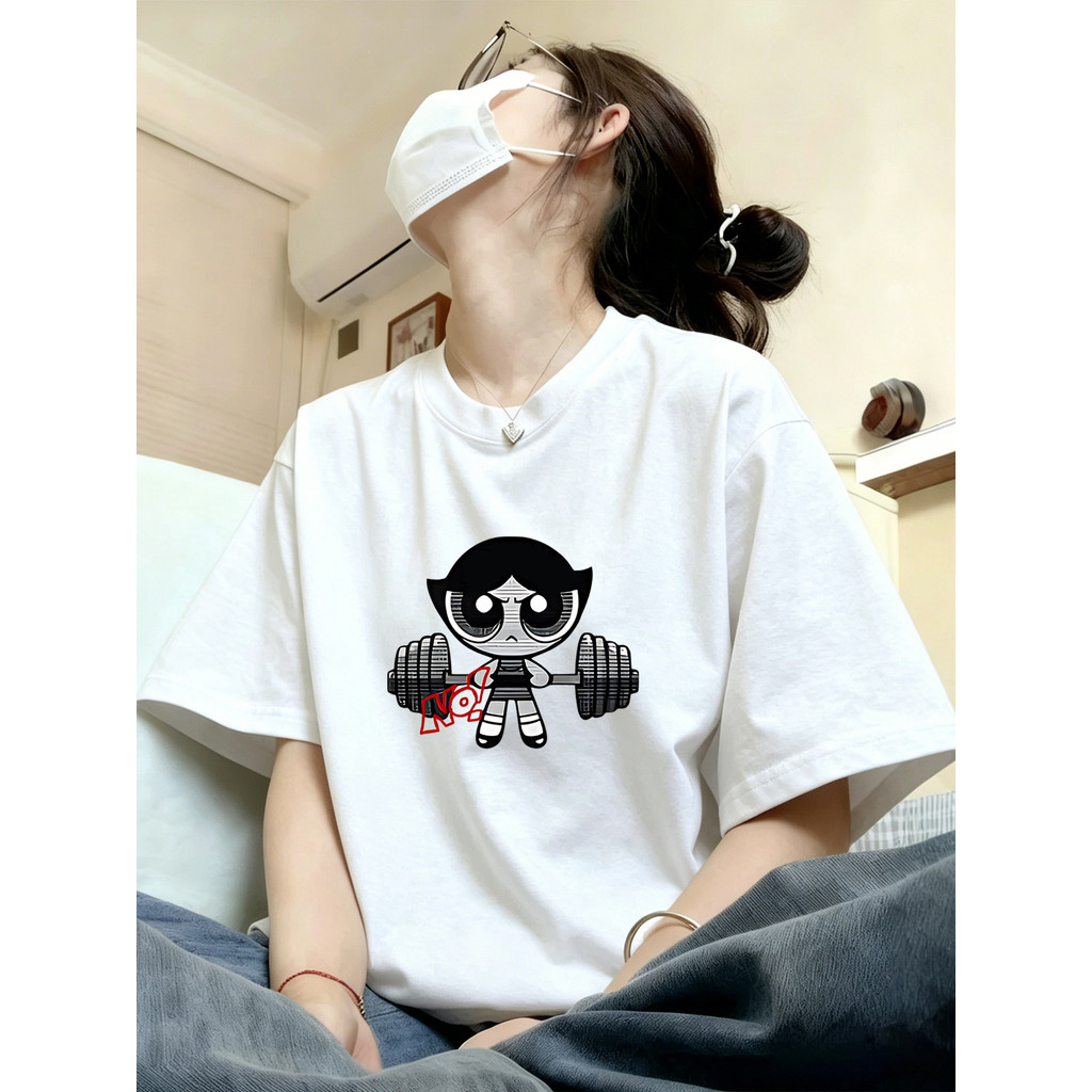 Camiseta feminina de manga curta branca de algodão puro 2026 novo estilo meninas superpoderosas meia manga verão solto e