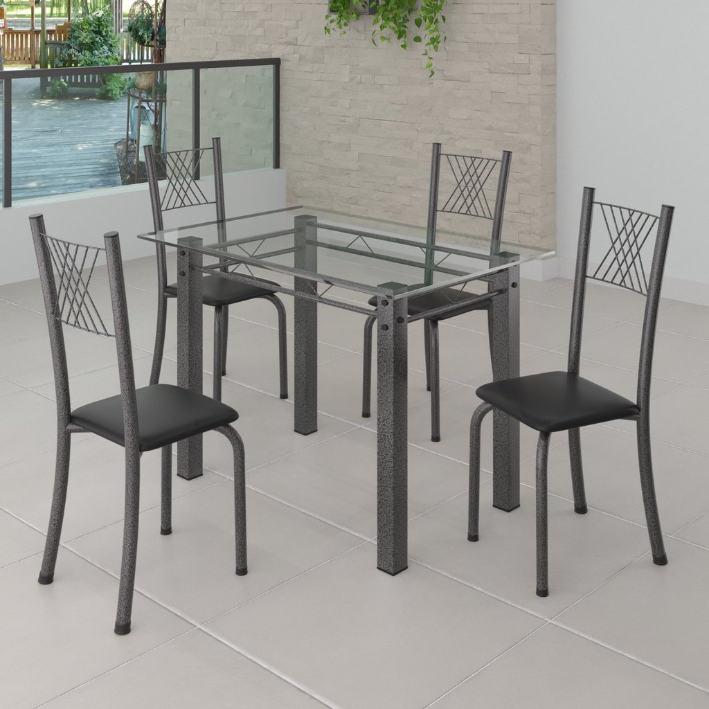 Conjunto de Jantar Mesa 100x60cm Tampo de Vidro Incolor com 4 Cadeiras Sara Yescasa Prata/Preto Liso/Mart Preto/Prata