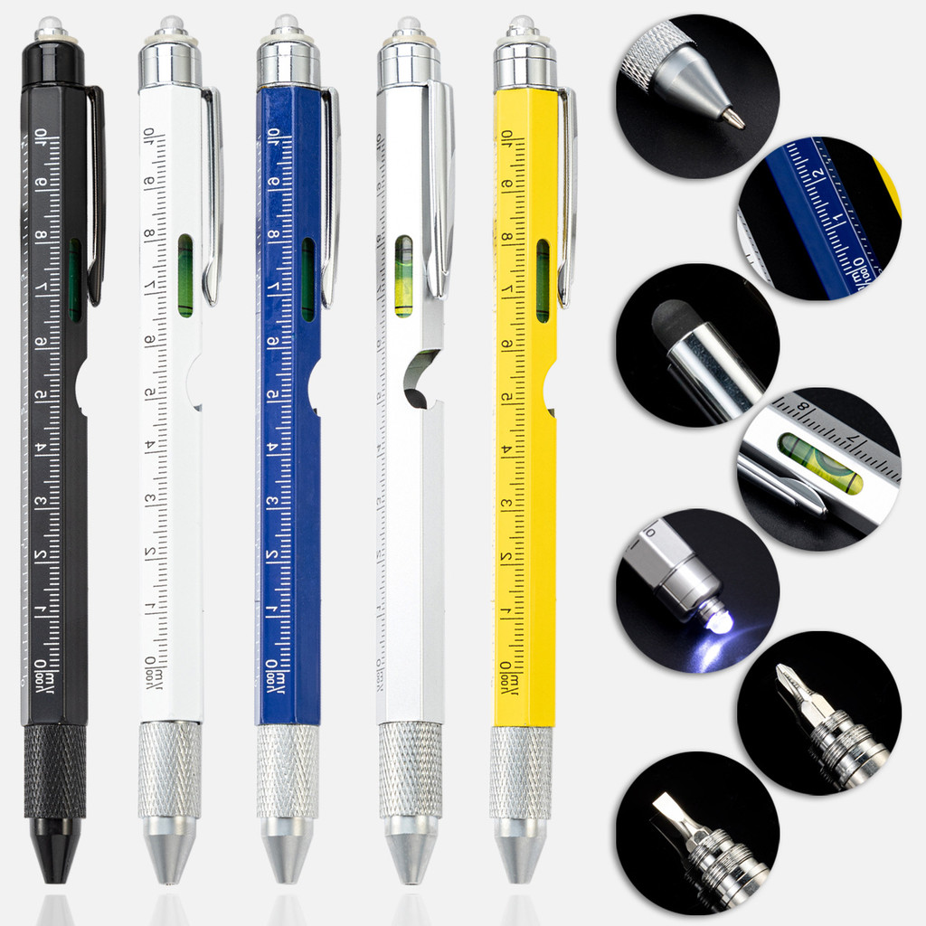 Caneta multifuncional com luz, chave de fenda 9 em 1, nível, escala, caneta capacitiva para tela sensível ao toque, cane