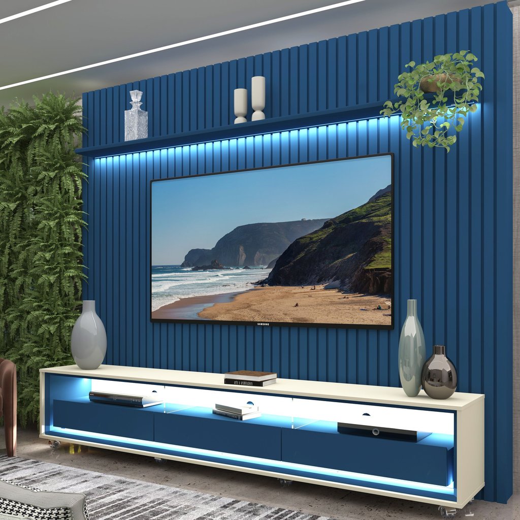 Rack com Painel Ripado para TV até 90 Polegadas 100% MDF com LED 229CMX295CM 3 Gavetas com Rodízios Naturale Yescasa