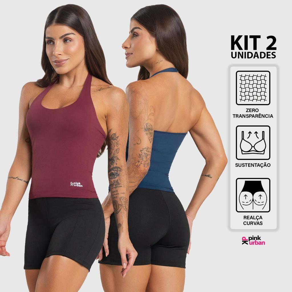 Kit 2 Regata Fitness Feminino Frente Única Sustentação Costa Nua Blusa Liso Poliamida Slim Camiseta Academia Verão
