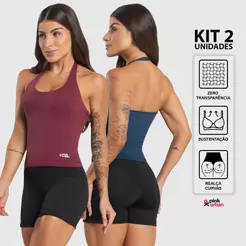 Kit 2 Regata Fitness Feminino Frente Única Sustentação Costa Nua Blusa Liso Poliamida Slim Camiseta Academia Verão
