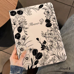 Capa Silicone Para Samsung Galaxy Tab A9 A9+ S6 Lite S7 S8 S9 FE+ Proteção Total Antichoque Estampa floral preta