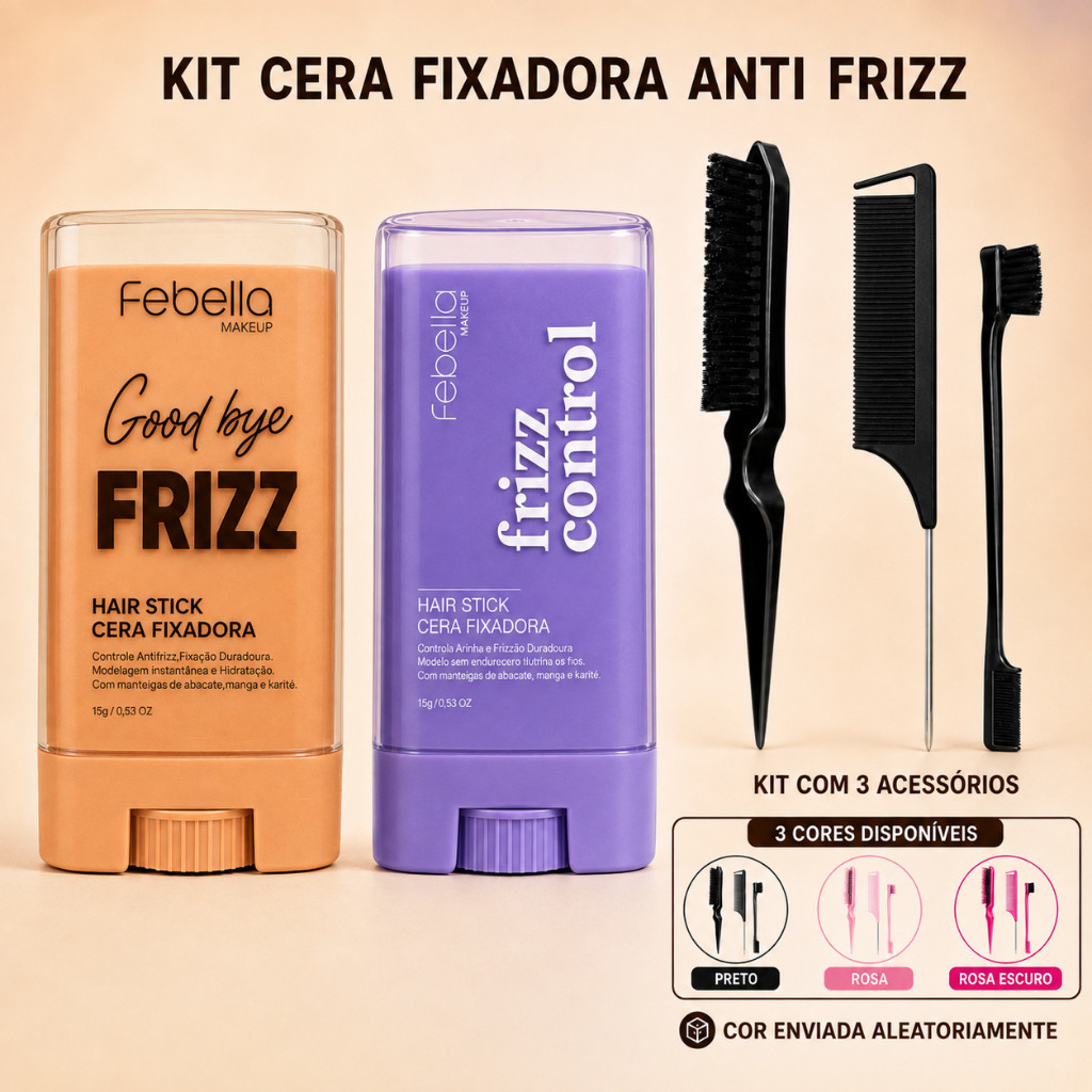 Kit 2 Ceras Modeladoras Febella 15g Controle Anti Frizz com Escova e Pentes