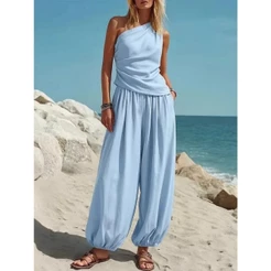 Roupa Feminina De 2 Peças Com Gola Inclinada Dobrada Sem Mangas Regata E Cintura Alta Calças Largas Soltas Ocasiões Casu