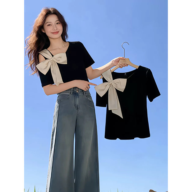 Temperamento francês arco sem alças de manga curta camiseta feminina verão novo estilo tamanho grande gordura MM mais ma