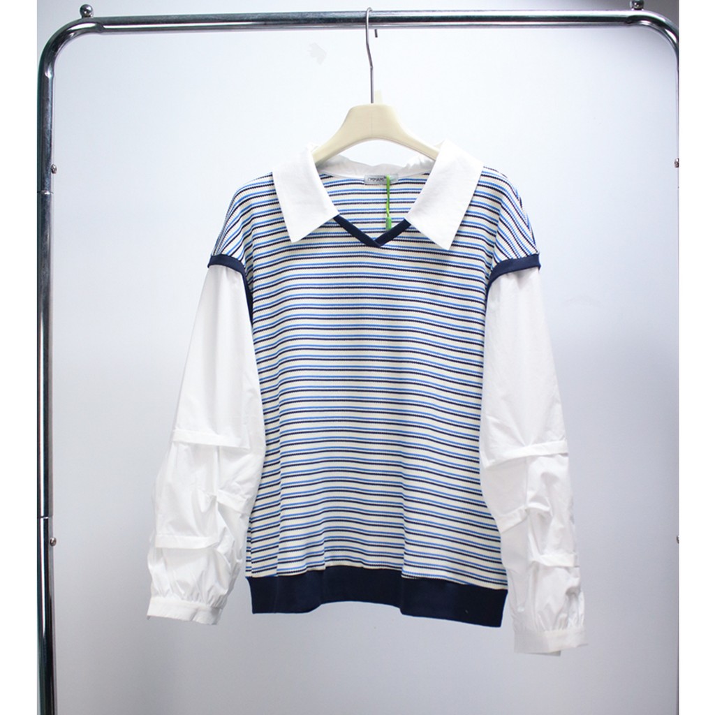 Aimei mamãe 24 primavera verão gola polo falsa camiseta de duas peças feminina solta listrada grávida manga comprida Top