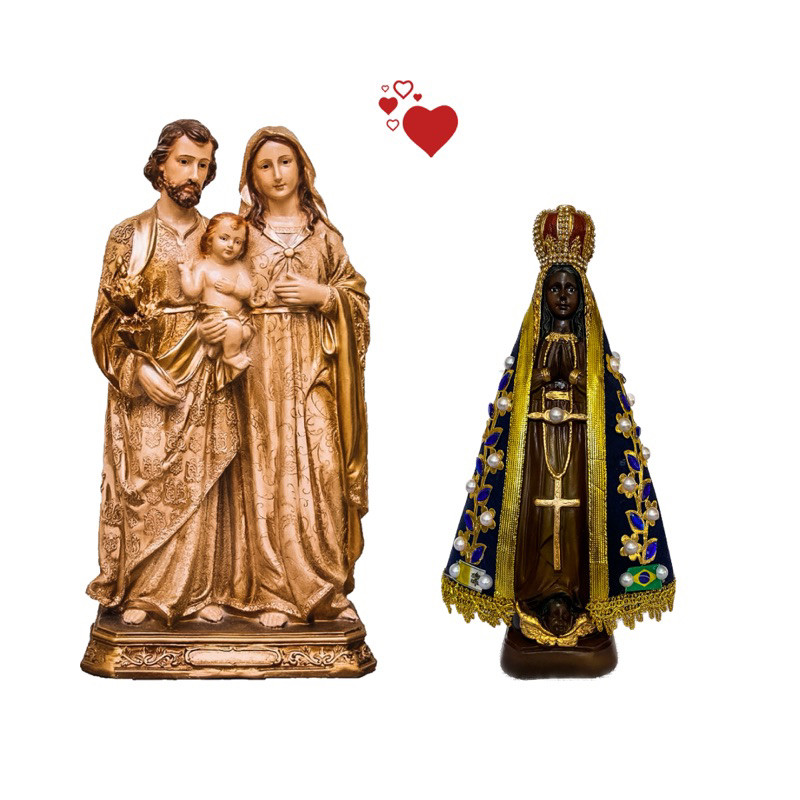 Kit Imagens Sagrada Família 20cm + Nossa Senhora Aparecida 15cm com Manto - Imagens Originais Gesso