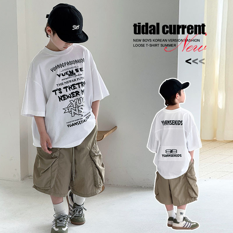 Crianças camiseta de manga curta verão branco curto camiseta 2026 novo estilo médio grande menino moda versão coreana ve