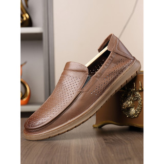 Dunuo Benny Sapatos de couro casuais masculinos verão respirável fino couro macio sola macia deslizamento em sandálias o