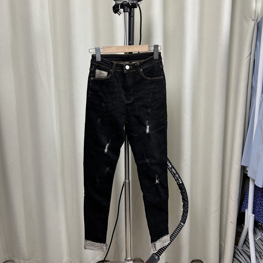 878 cintura alta Casual rasgado escuro angustiado textura Jeans fino ajuste mais magro olhar primavera verão