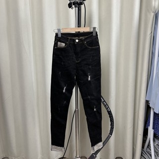 878 cintura alta Casual rasgado escuro angustiado textura Jeans fino ajuste mais magro olhar primavera verão