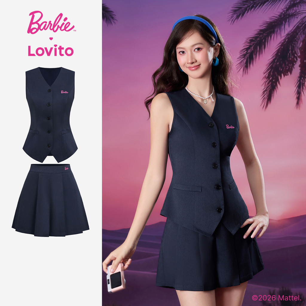 Barbie™ X Lovito Top Azul Royal Sem Gola Média Pernas Largas Botões Bordado e Fenda Frontal LBL5AD019