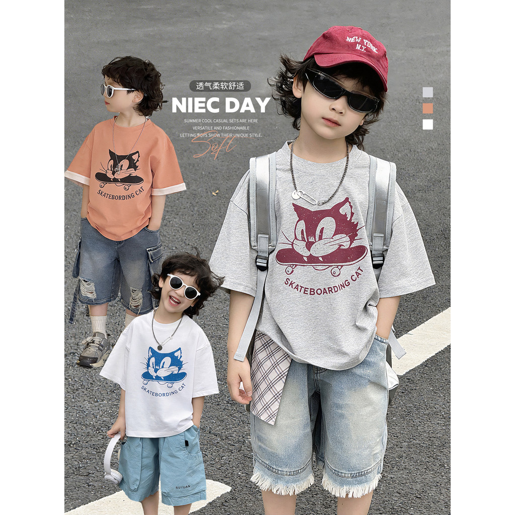 Meninos impresso de manga curta verão solto camiseta dos desenhos animados coreano topo crianças verão meia manga All-Ma