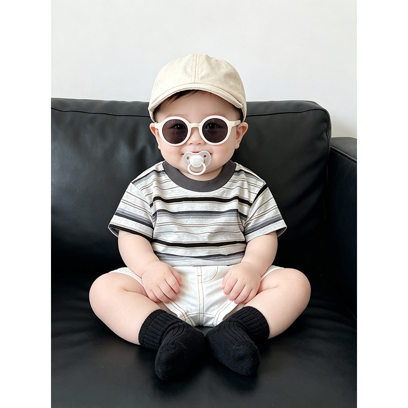 Verão novo estilo menino bebê listrado camiseta de manga curta versão coreana moda Casual topo bebê crianças camisa de f