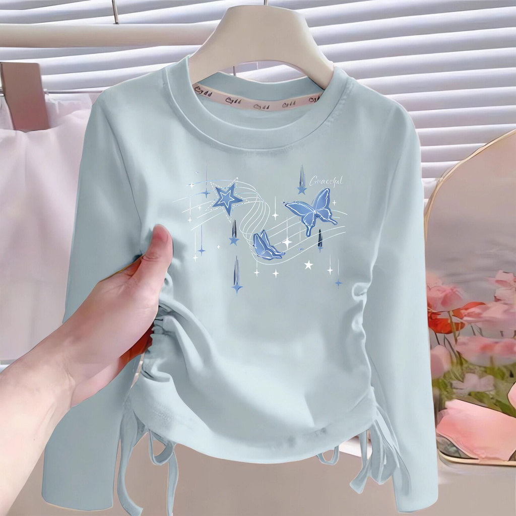 Meninas Bottoming cordão primavera outono 2025 novo estilo moda de manga comprida crianças puro algodão camiseta médio g