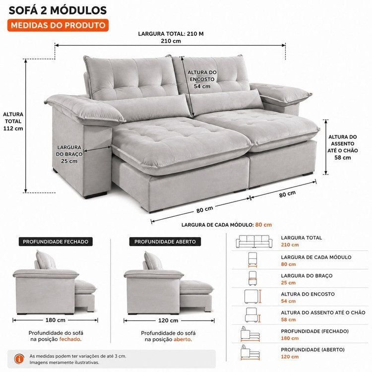 Sofá Retrátil e Reclinável 3 Lugares Veludo com Molas Ensacadas Cinza Mônaco 210cm Cinza Prata — imagem 2 de 2