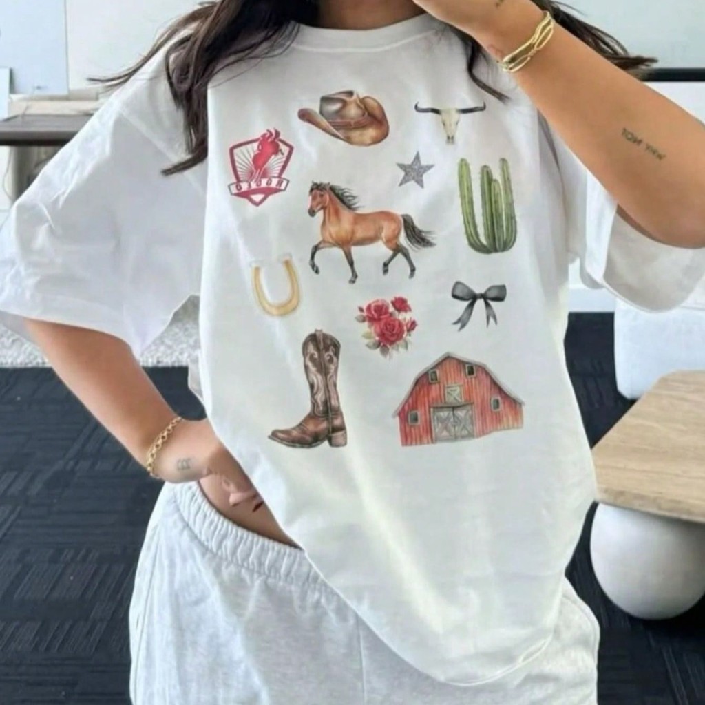Camiseta Feminina Moderna 100% Algodão Manga Curta Gola Redonda Confortável Leve Casual Estampada com: Itens Rodeo
