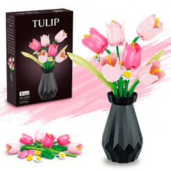 Tulipa Colorida Flor Buquê Bloco De Montar Com Vaso Decoração Presente Artificial Enfeite Casa