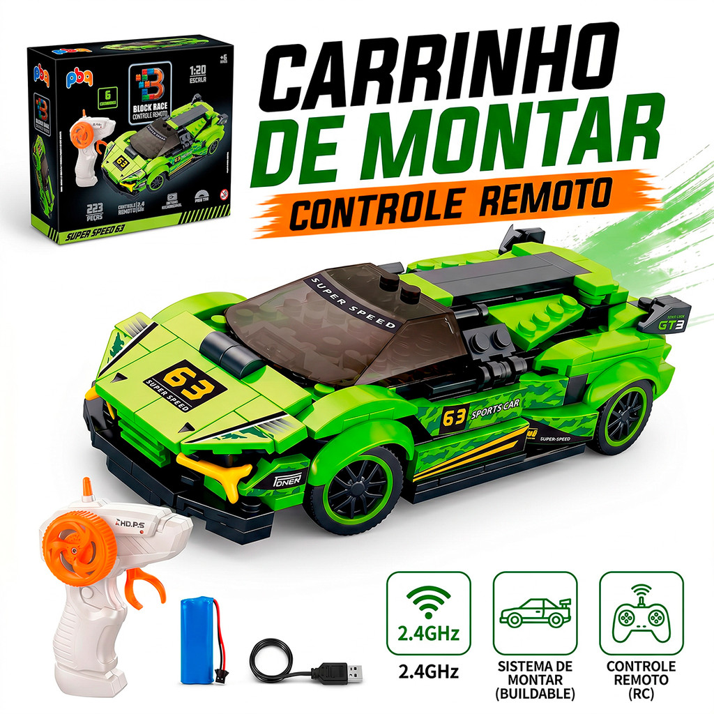 Carrinho De Controle Remoto Tipo Lego Bloco De Montar Sports Car Anda Recarregável Usb Menino