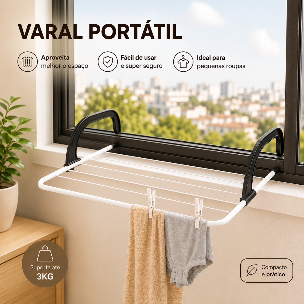Varal Portátil para Janela – Economize Espaço e Seque suas Roupas com Facilidade - Kaziva — imagem 2 de 2