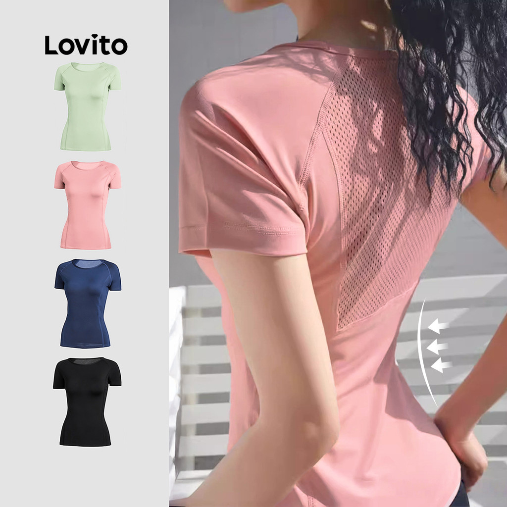 Lovito Casual Camiseta Esportiva Furos Ventilação Seca Rápido Corrida Yoga Treino Funcional Feminino LNA137039