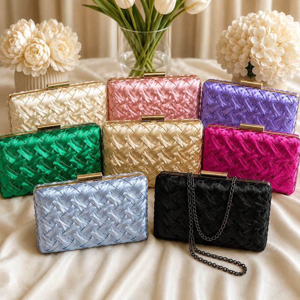 Bolsa Clutch Feminina de Festa Luxo em Cetim Trançado com Alça Corrente para Casamento e Formatura Eventos Festas