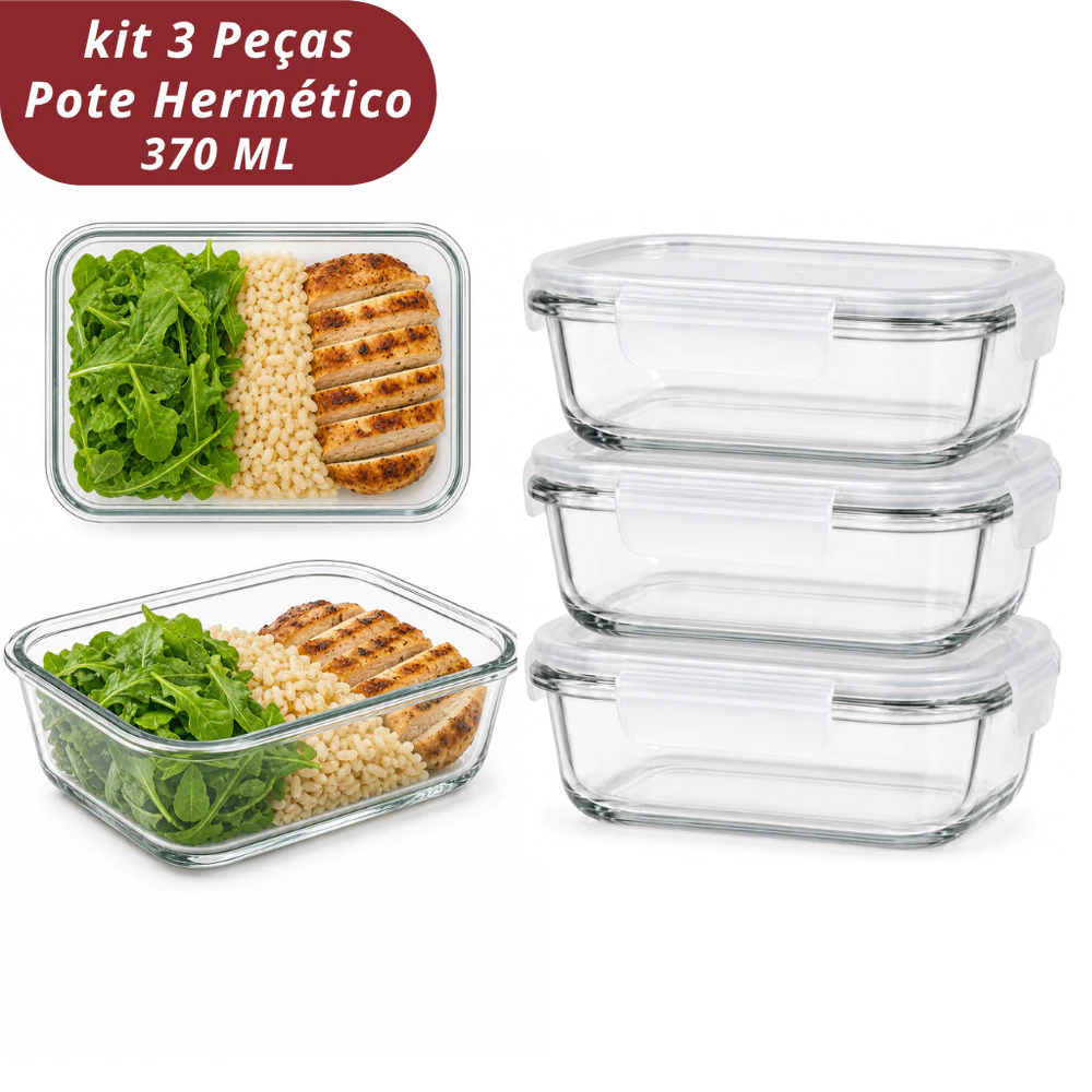 Kit 3 Pote Hermético Retangular de Vidro Borossilicato 370ml - Pode Ir ao Forno, Micro-ondas e Lava-Louças | Marmita Fit