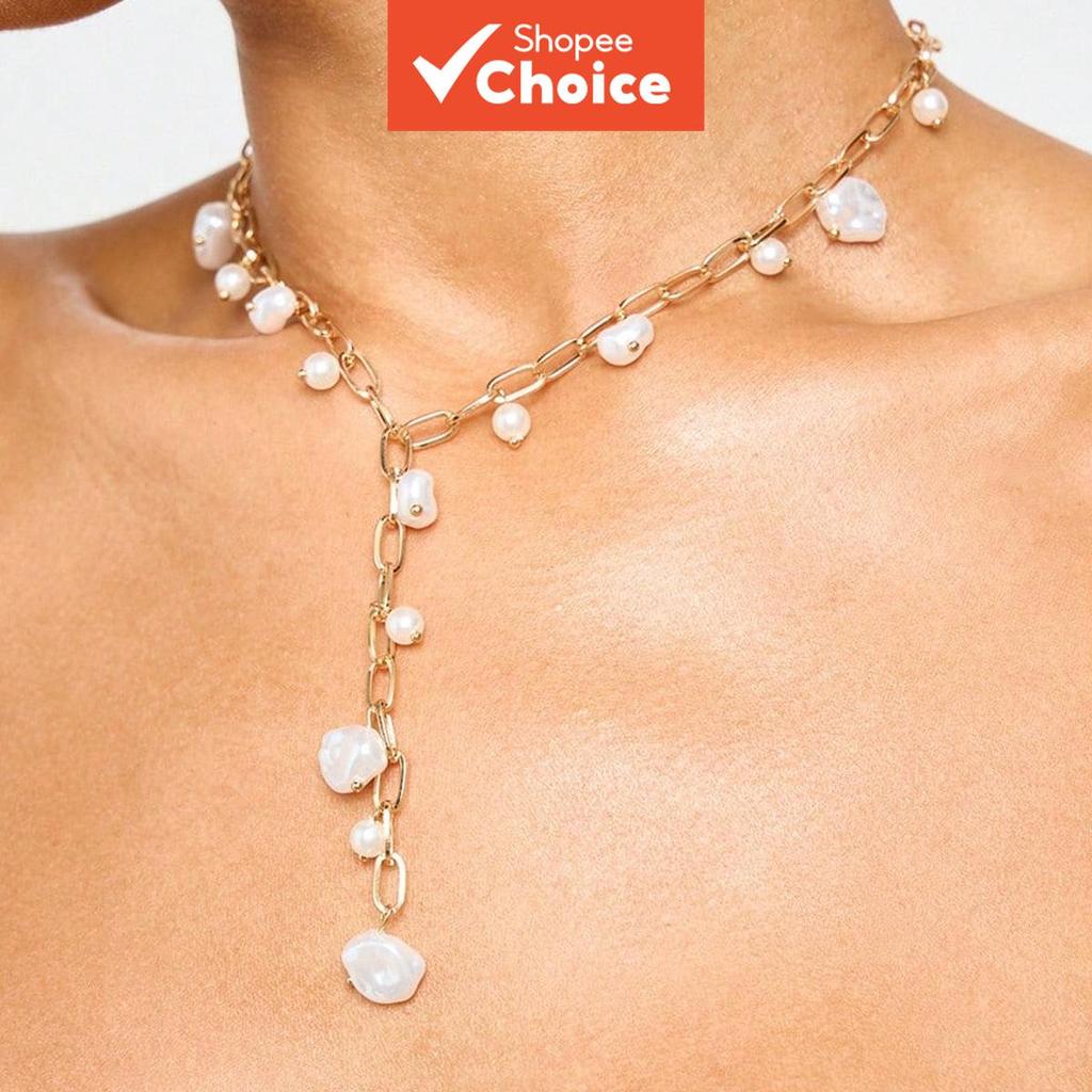 Colar de pérola de pino em forma única, colar feminino com pingente de disco, joia de pérola, corrente de suéter