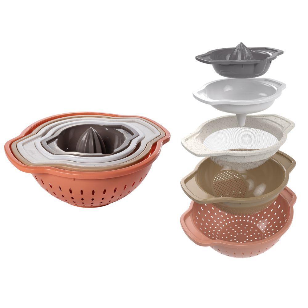 Kit Conjunto 5 Peças Escorredor Funil Peneira Espremedor Alimentos Verduras Macarrão Arroz Plasútil