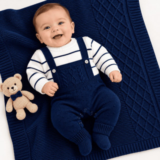 Kit 2 Peças Macacão Listrado e Manta Saida Maternidade Exoval Bebe Tricot Toque Macio