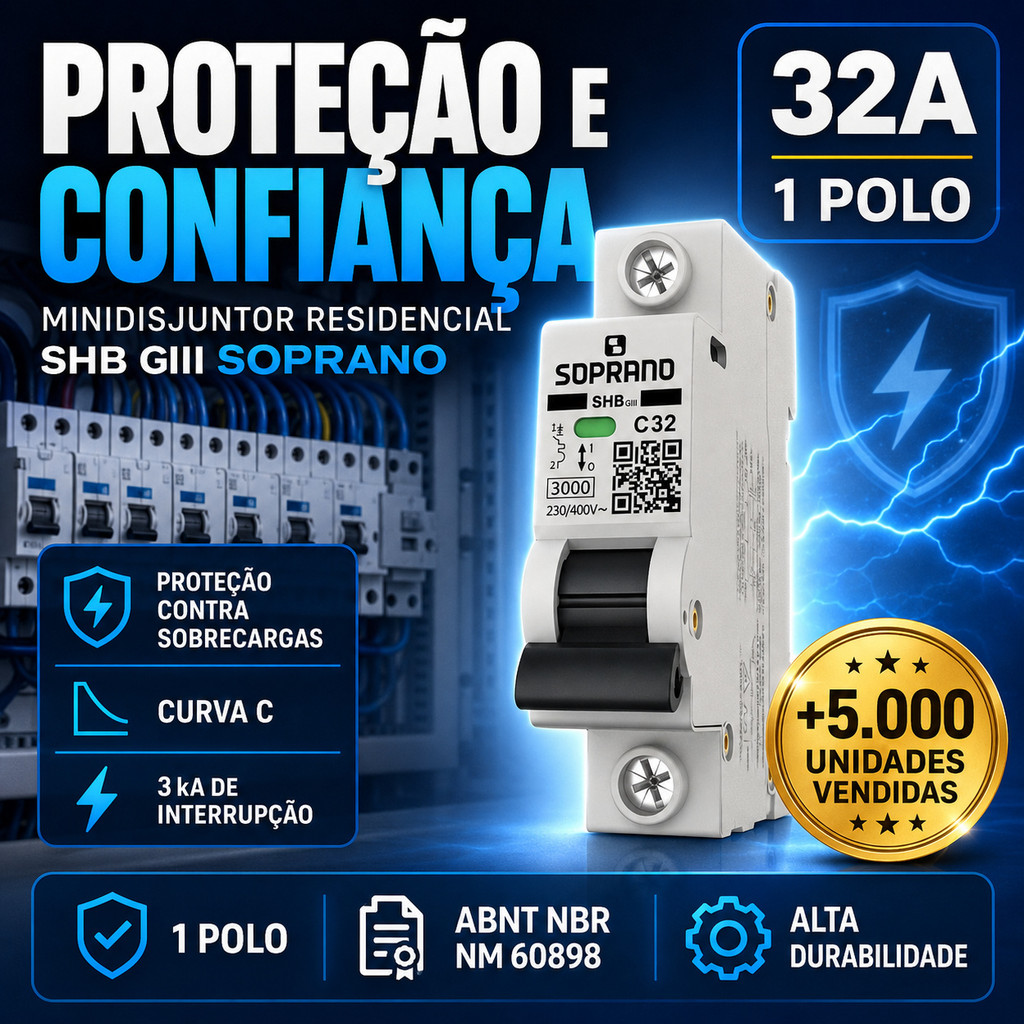 Disjuntor 32A 1 Polo Soprano SHB GIII Mini Trilho DIN Residencial P/ Quadro Elétrico Residencial