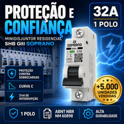 Disjuntor 32A 1 Polo Soprano SHB GIII Mini Trilho DIN Residencial P/ Quadro Elétrico Residencial