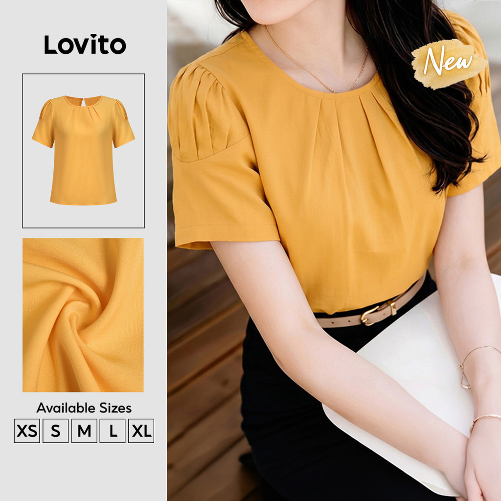 Lovito Blusa Amarela Elegante De Manga Curta Gola Redonda Plissada Para Trabalho Primavera Verão Feminina BLB201P1D161
