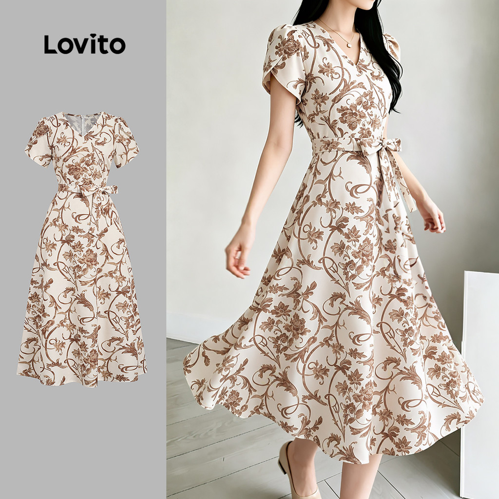 Lovito Vestido Elegante com Flores e Cinto para Mulheres primavera/verão L199ED750