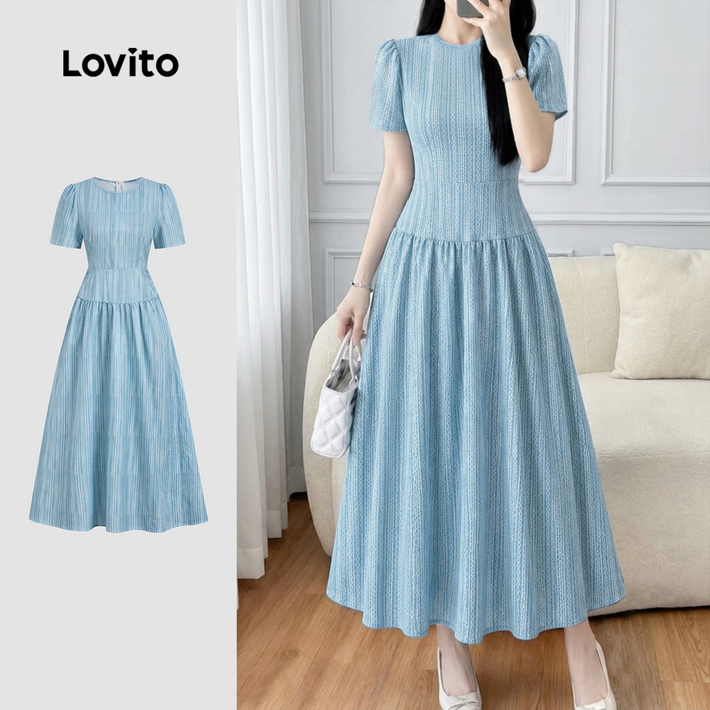Lovito Vestido Cinzaazul Elegante com Estampa Simples Casual para Primavera/verão para mulheres L199ED050