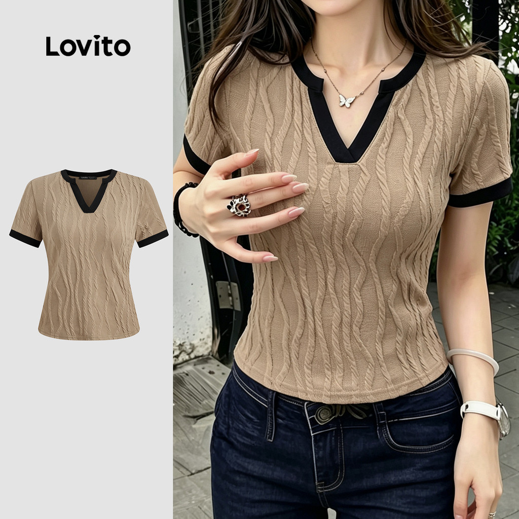 Lovito Camiseta Elegante com Ombreio Contrastante Jacquard para Mulheres Marrom Primavera/Verão TSK8P2D483
