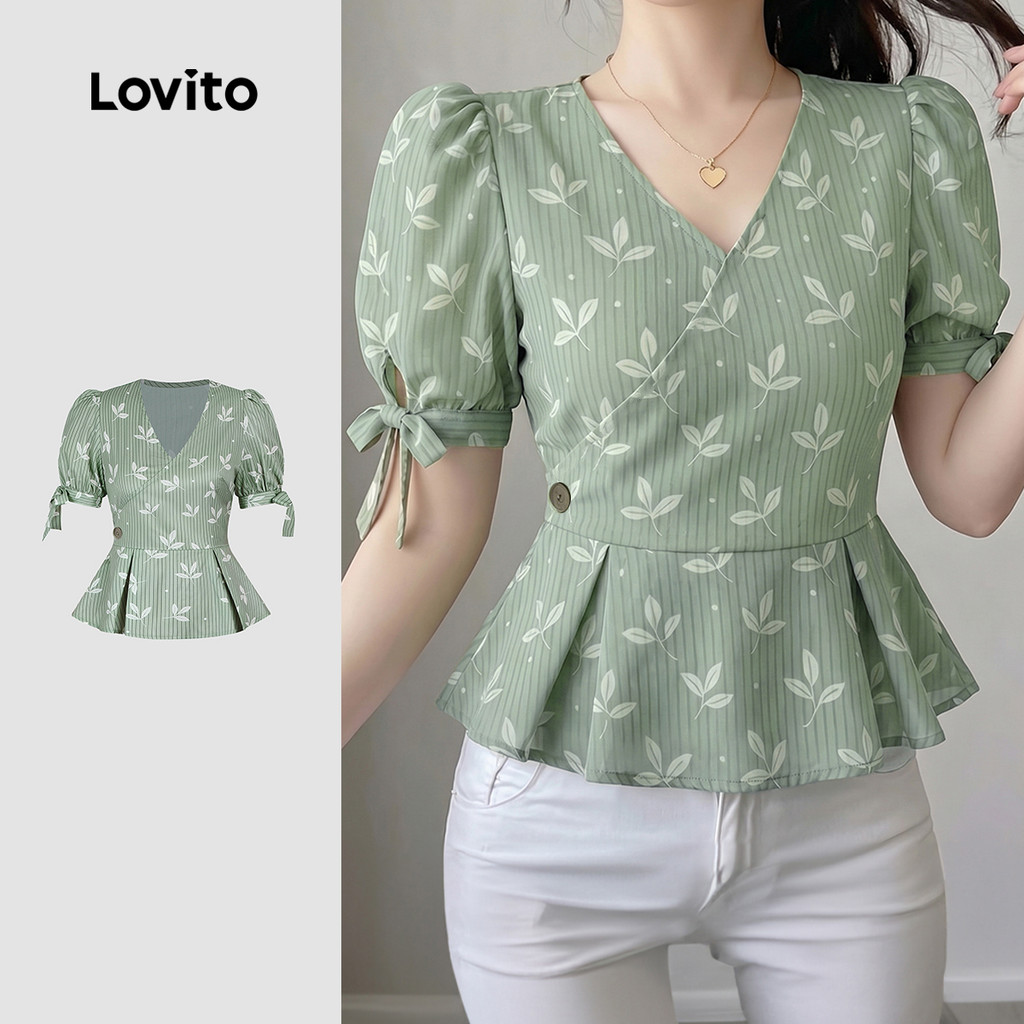 Lovito Padrão Elegante de Blusa Plissada com Botão Verde para Primavera/verão Blusa feminina L198ED3090