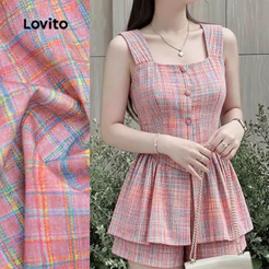Lovito Conjunto Casual de Shorts com Estampa Geométrica Plissada Shorts Rosa para Mulheres L198ED584