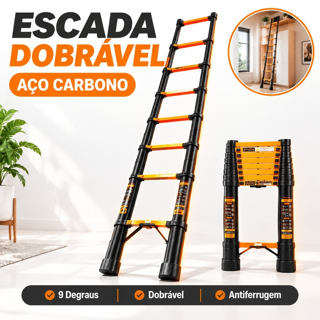 3,5m Escada Telescópica Extensível Aço Carbono 9 Degraus Dobrável Antiferrugem