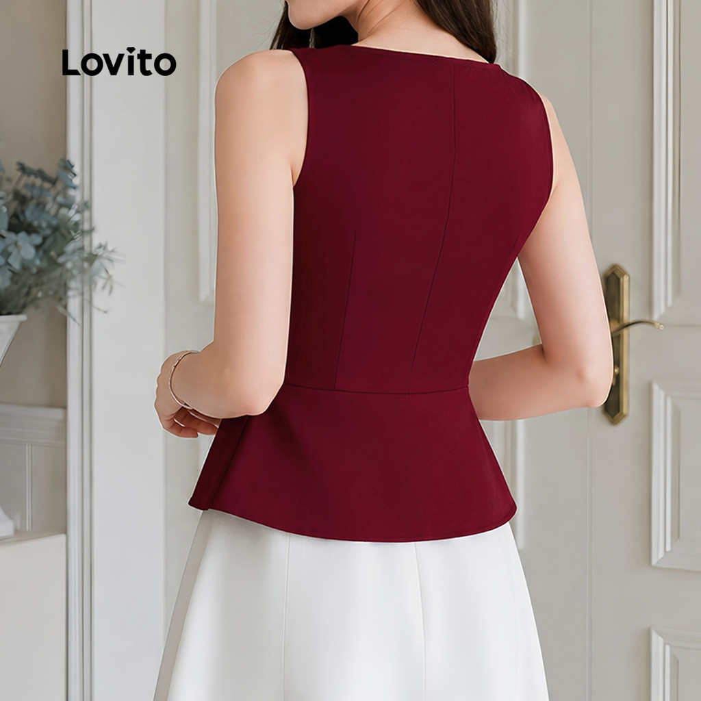 (New Arrival) Lovito Elegante Blusa Sem Mangas Alças Botão Frontal Pregos Confortável Primavera Verão Trabalho Borgonha Para Mulheres TKB205P2D342 — imagem 2 de 2
