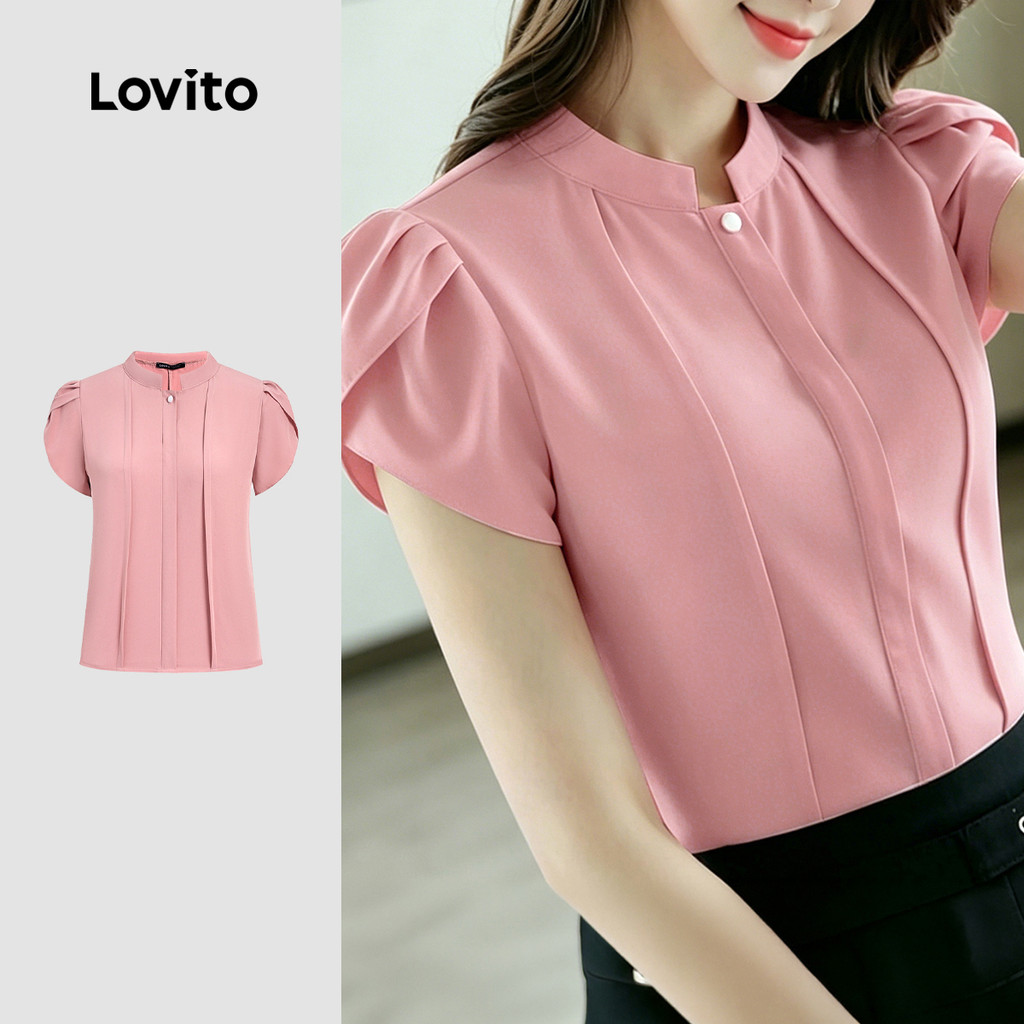 Lovito Blusa Elegante Plissada Botão Simples Primavera/verão Rosa Blusa para Mulheres L199ED284