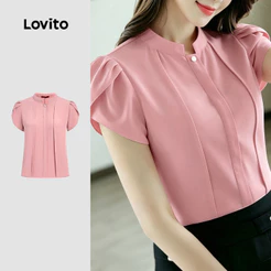 Lovito Blusa Elegante Plissada Botão Simples Primavera/verão Rosa Blusa para Mulheres L199ED284