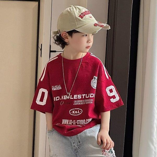 Meninos camisa vermelha de manga curta crianças versão coreana puro algodão topo na moda legal frito rua camiseta Hip#男童