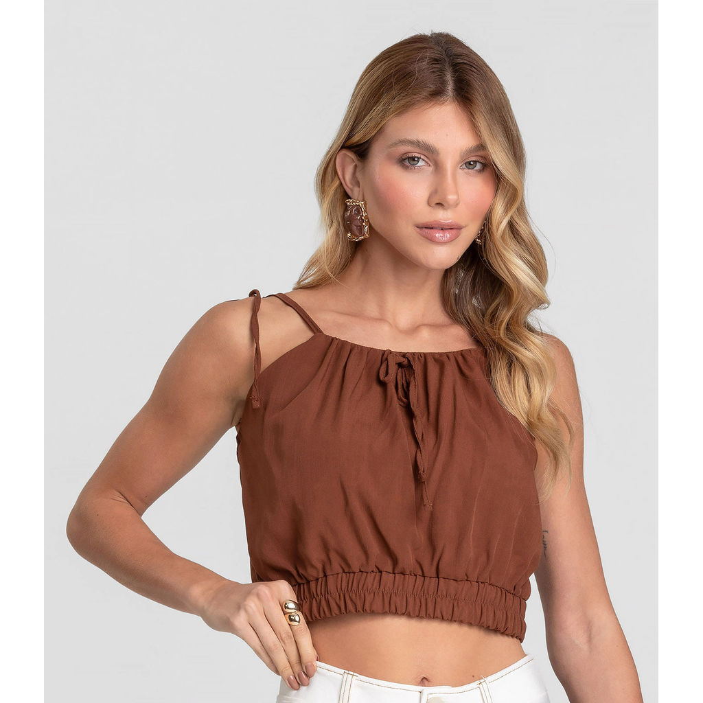 Blusa Cropped Feminina De Alça Em Viscose Dianna Marrom