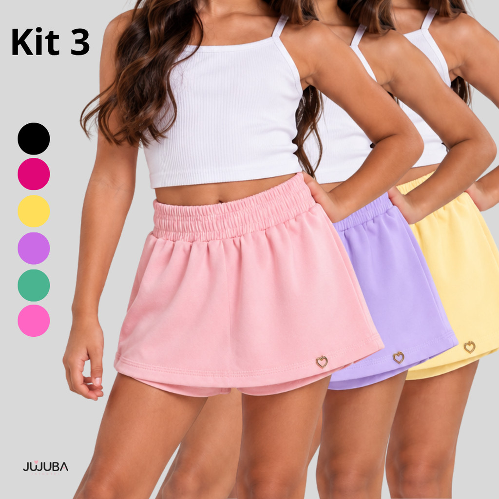 Kit 3 Short Saia Infantil Juvenil Blogueirinha Tendência Feminino Algodão Premium Menina Conforto Escolar Verão 2 ao 14