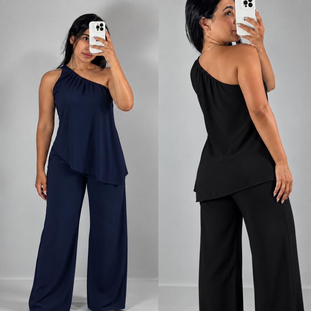 Conjunto Feminino Uma Alça Social Nula Manga Duna Elegante Blusa Assimétrico Mula Manca Calça Pantalona Outono Inverno